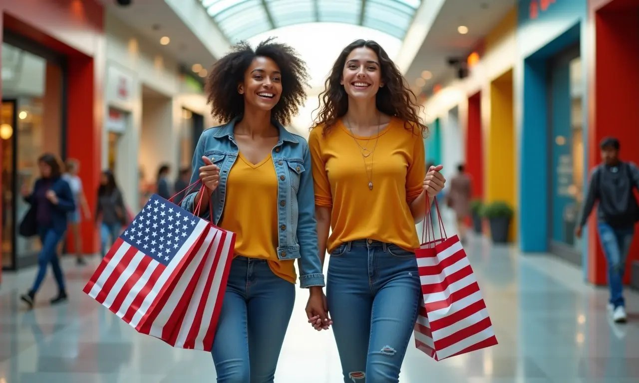 Brasileiros aproveitando compras nos EUA, com sacolas e bandeiras americanas.