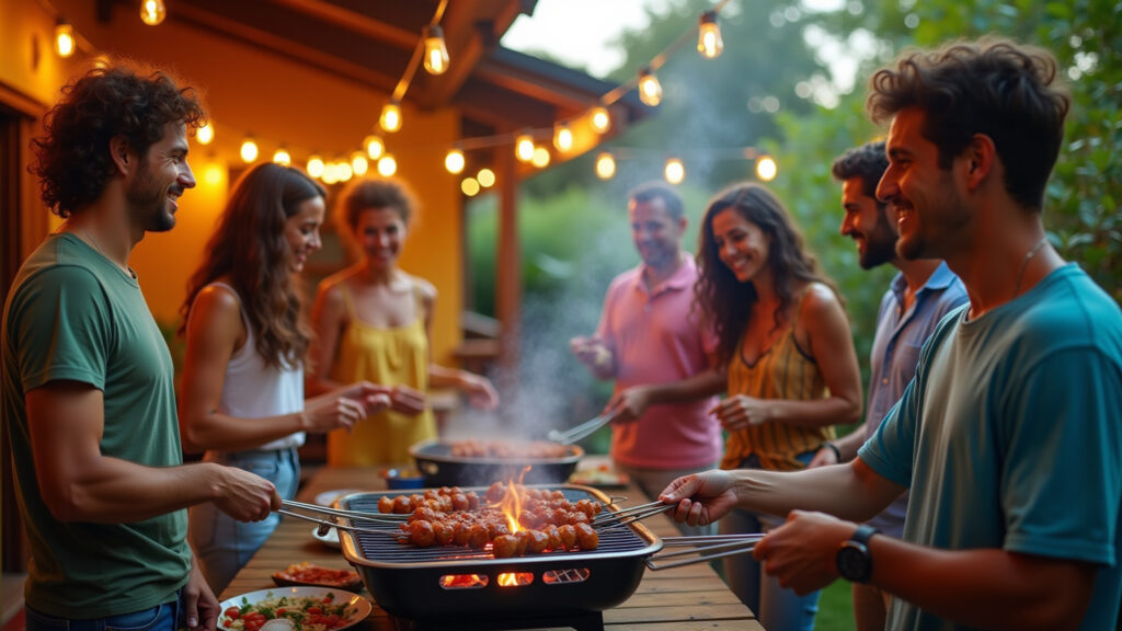 Churrasco com espetinhos em festa brasileira.