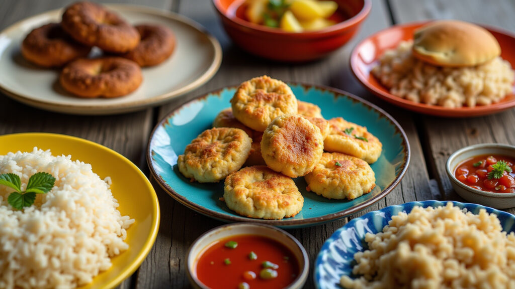 Mesa farta com espetinhos e acompanhamentos brasileiros.
