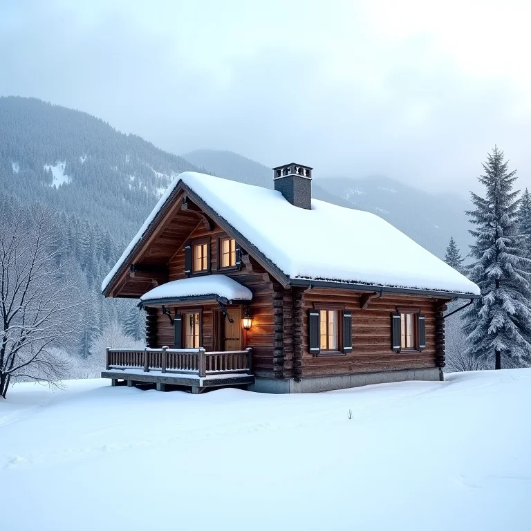 Cabana de madeira coberta de neve em Zakopane com as montanhas Tatra ao fundo