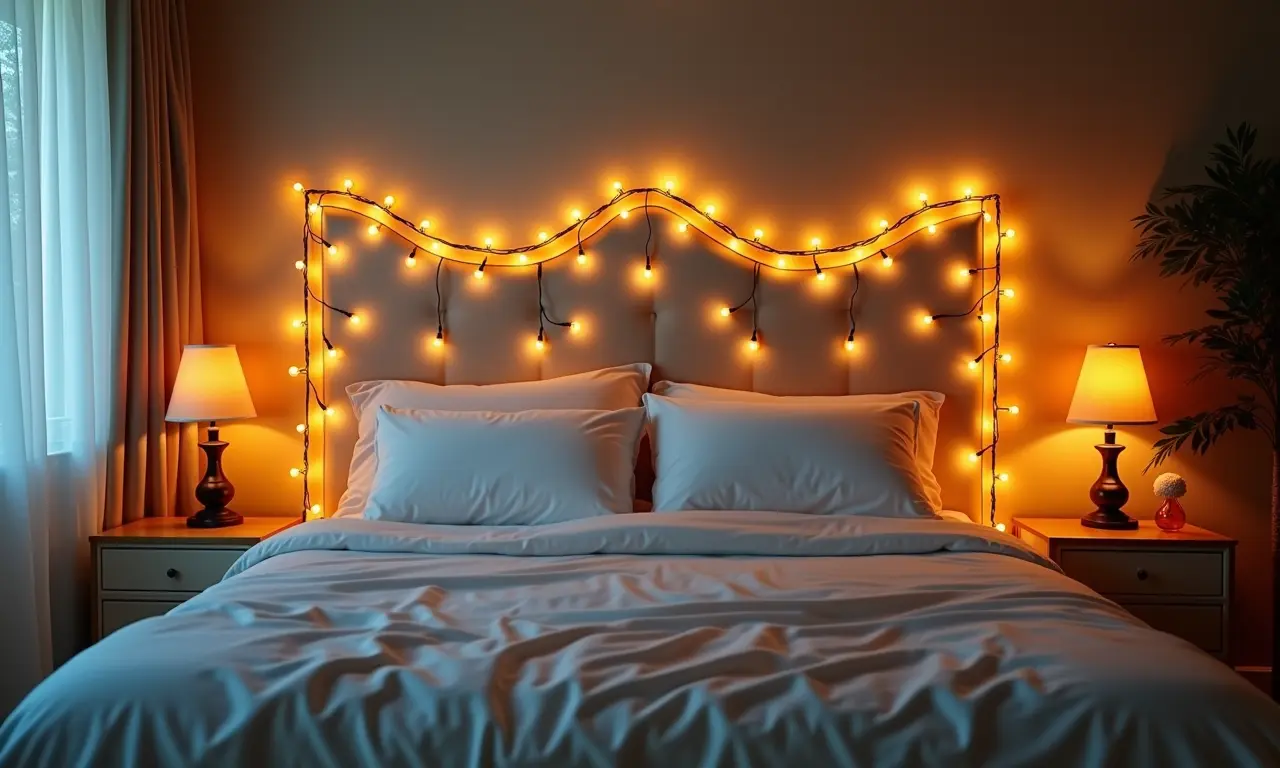 Cabeceira iluminada com pisca-pisca.