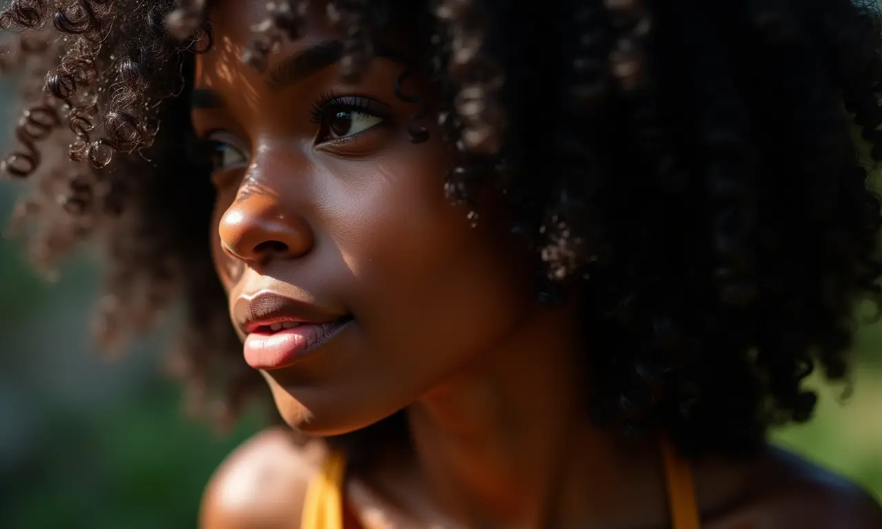 Cabelo crespo com textura rica, mostrando nutrição profunda.