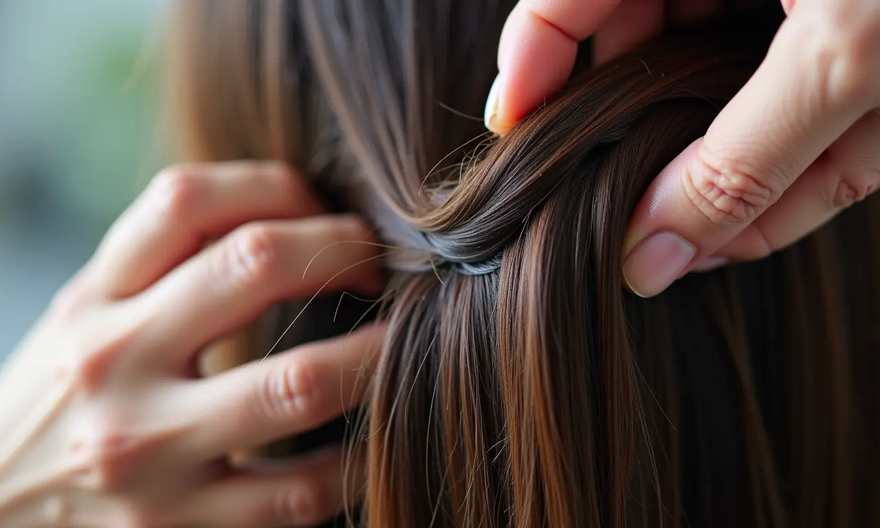 Cabelo danificado sendo reparado, mostrando tratamento de fortalecimento.