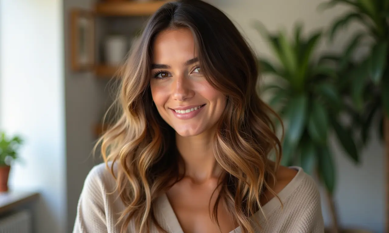 Cabelo ondulado com ondas naturais definidas, em um ambiente aconchegante.