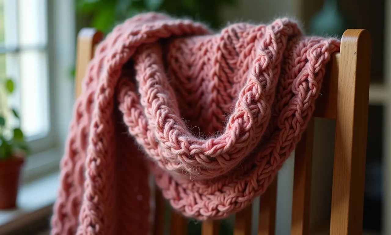 Cachecol de tricô artesanal com padrão texturizado.