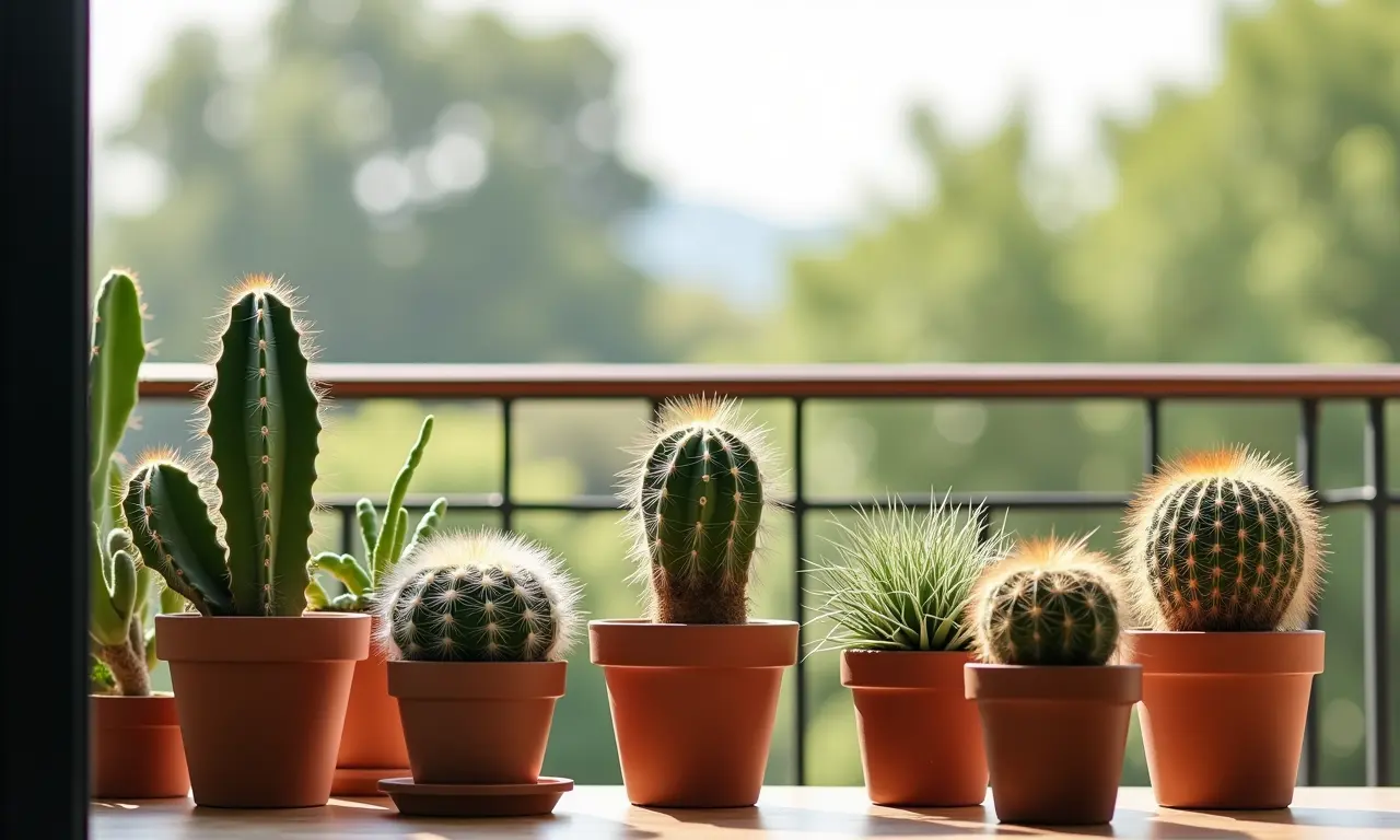 Cactos e suculentas em diversos vasos em uma varanda ensolarada.