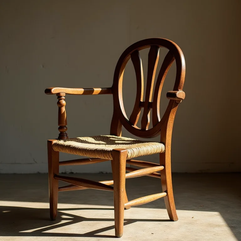 Cadeira de madeira vintage com detalhes em palha ou vime.