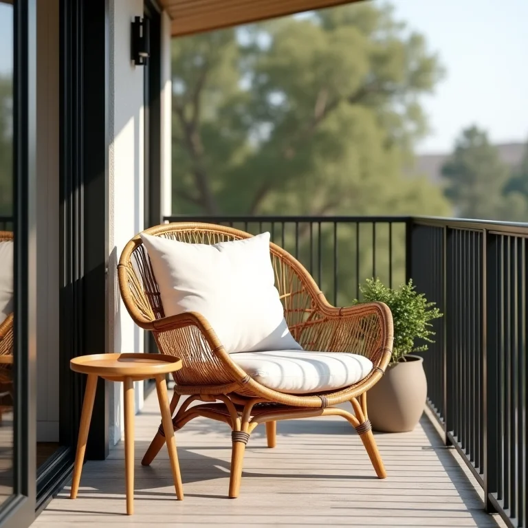 Cadeira de vime confortável e mesa lateral de madeira em uma sacada