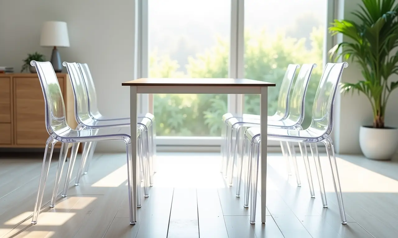 Cadeiras de acrílico transparente em sala de jantar.