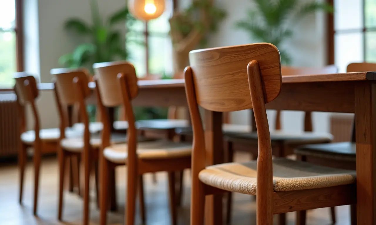 Cadeiras de madeira com diferentes acabamentos e designs.