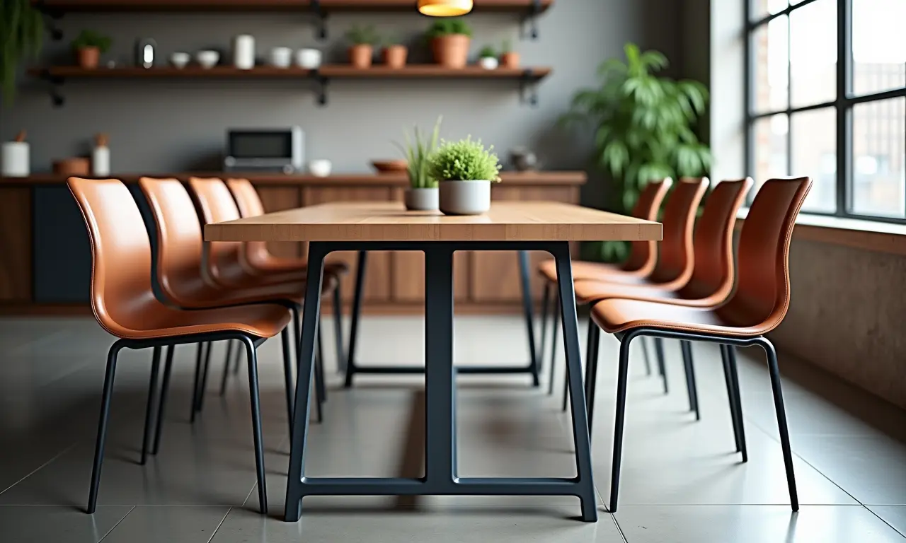 Cadeiras de metal em sala de jantar moderna e industrial.