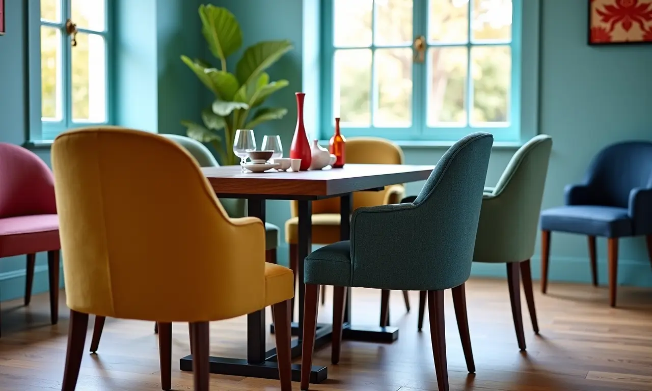 Cadeiras estofadas confortáveis em sala de jantar colorida.