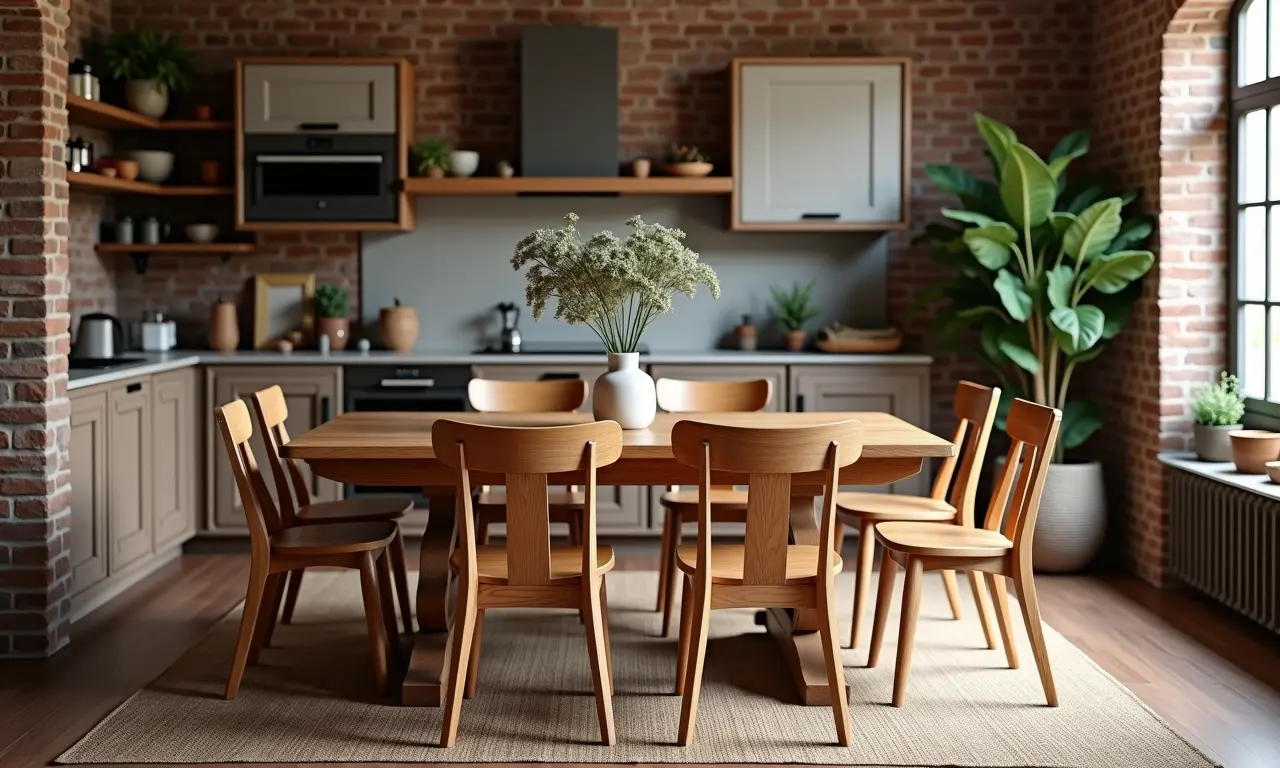 Cadeiras rústicas de madeira em sala de jantar aconchegante.