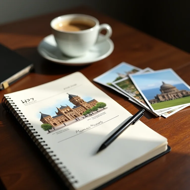 Caderno de itinerário com fotos de pontos turísticos de Minas Gerais.