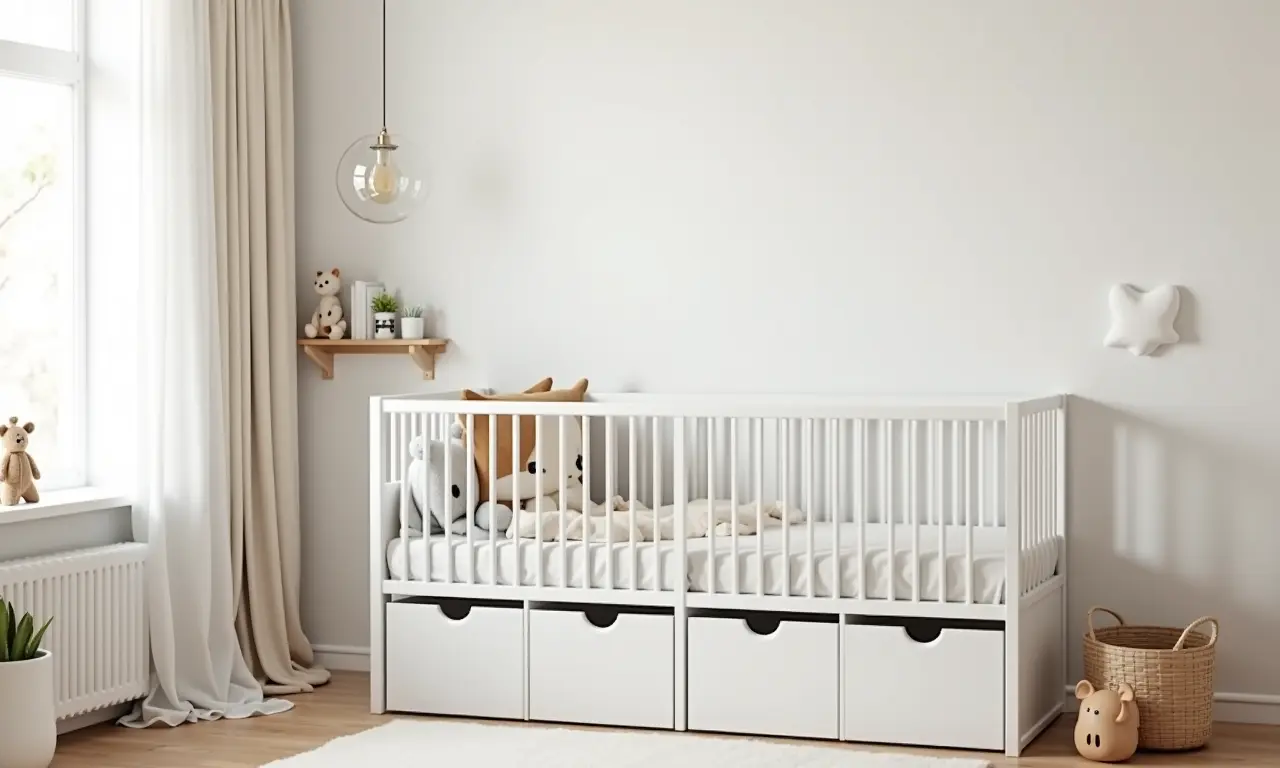 Caixas organizadoras guardam os brinquedos no quarto do bebê.