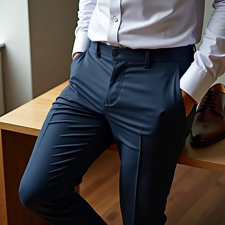 Calça chino azul marinho com camisa social e sapatos Oxford.