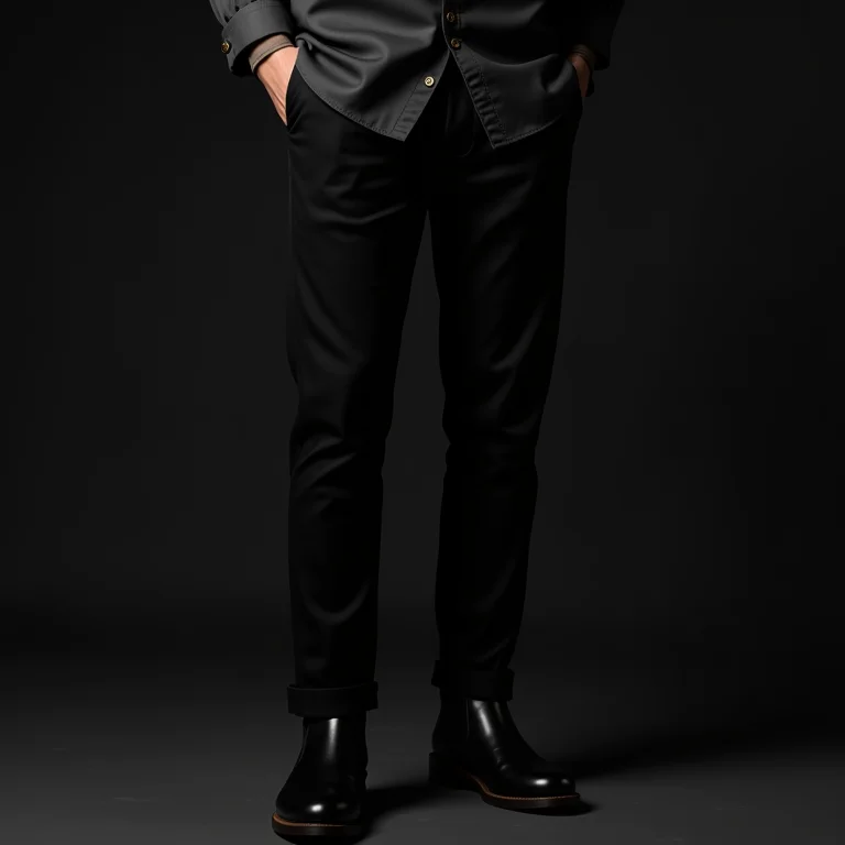 Calça chino preta com camisa de botão e bota Chelsea.