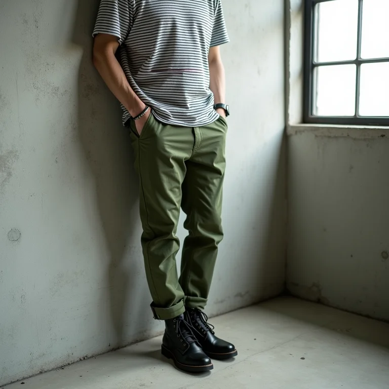 Calça chino verde militar com camiseta listrada e coturno.