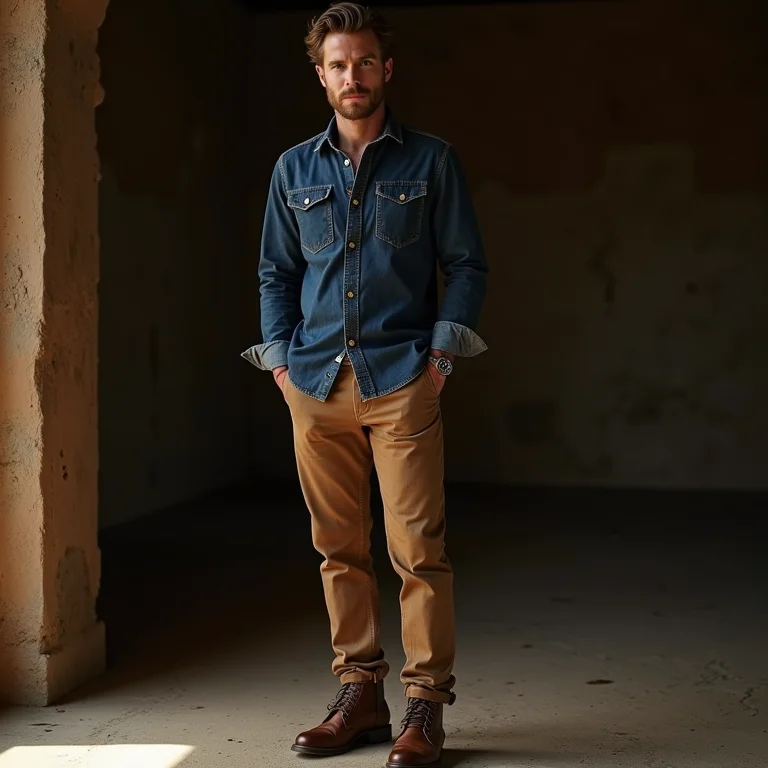 Calça de alfaiataria combinada com camisa jeans e bota.