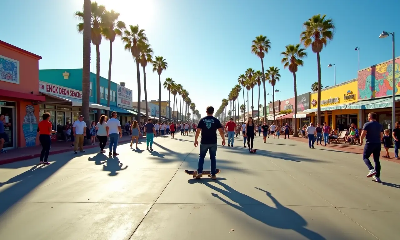 Calçadão de Venice Beach com artistas de rua e murais coloridos.