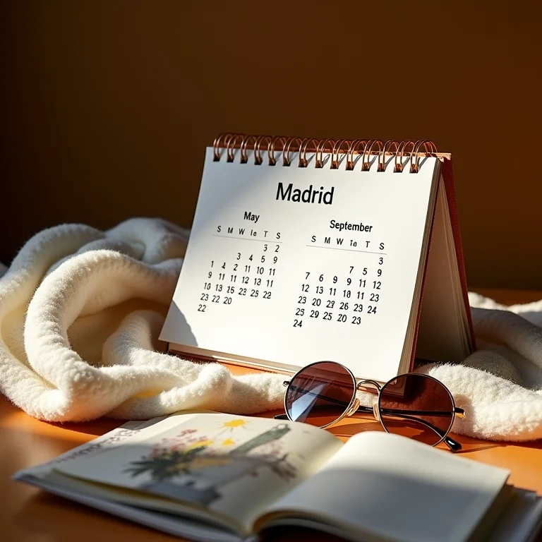 Calendário aberto em Maio e Setembro com acessórios de viagem