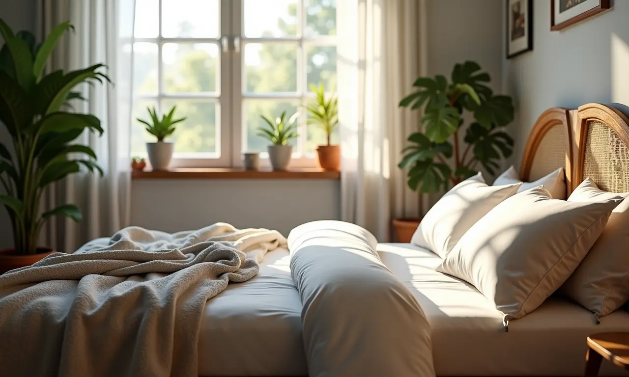 Cama aconchegante com roupa de cama de alta qualidade em quarto decorado com estilo brasileiro vibrante.