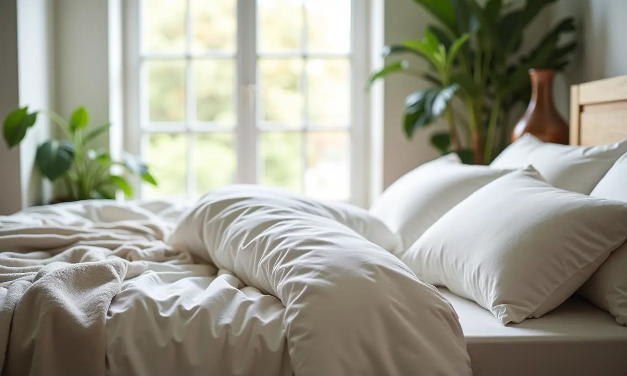 Cama com roupa de cama mista de algodão e linho, combinando o melhor dos dois tecidos.