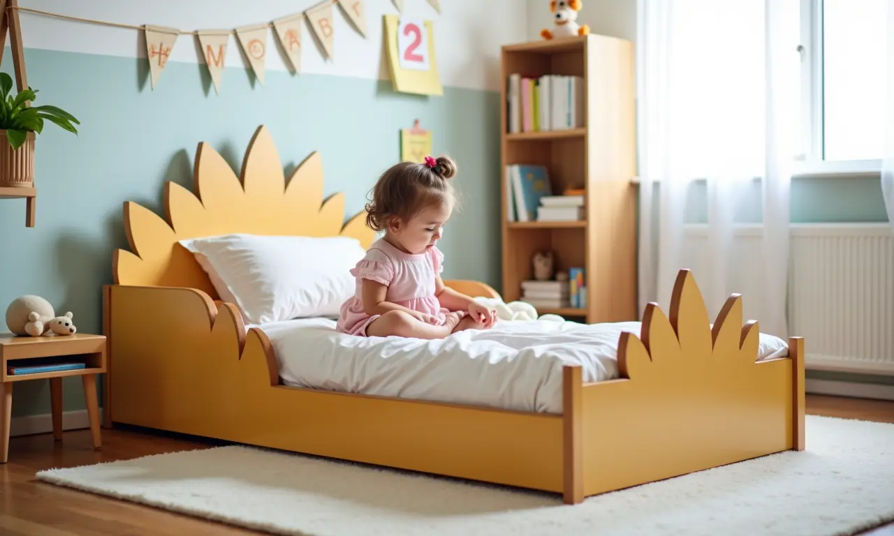 Cama montessoriana infantil em formato de dinossauro.