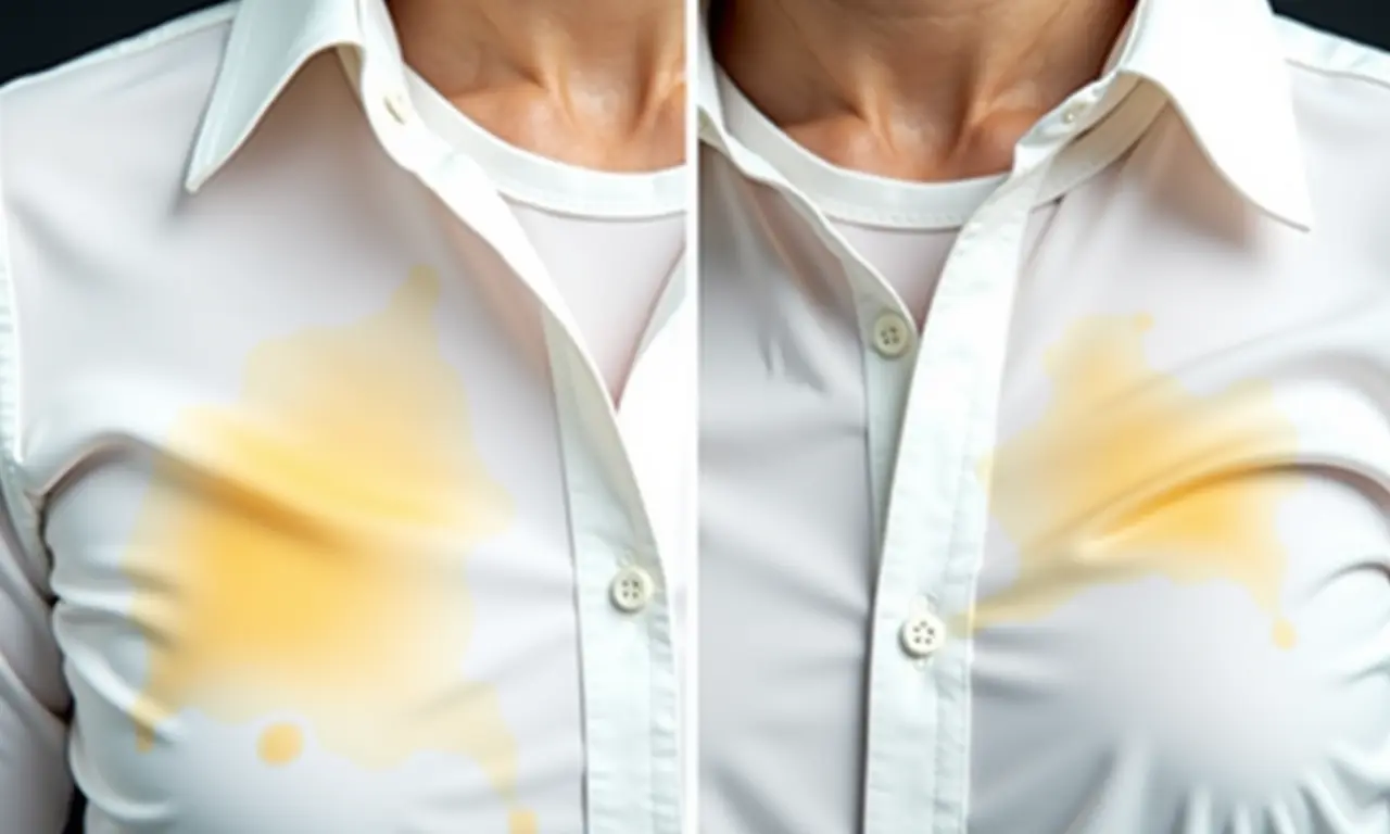 Camisa branca com manchas de suor antes e depois da limpeza.