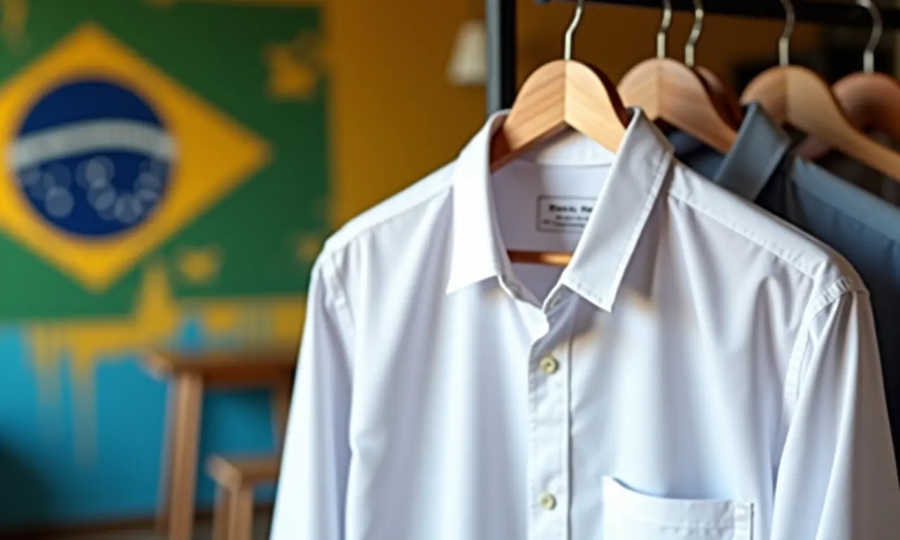 Camisa branca impecável pendurada em cabide com arte brasileira ao fundo.