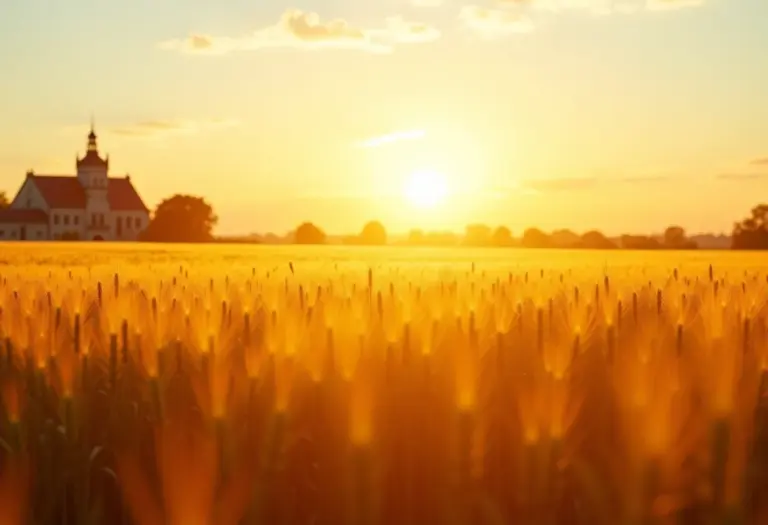 Campo de trigo dourado na Polônia ao pôr do sol