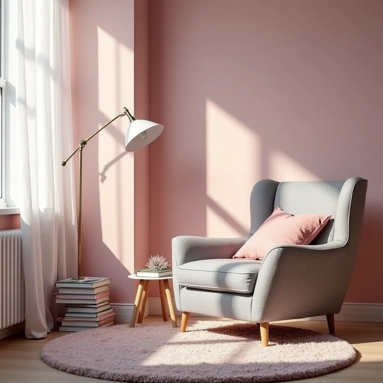 Cantinho de leitura aconchegante em quarto cinza e rosa.