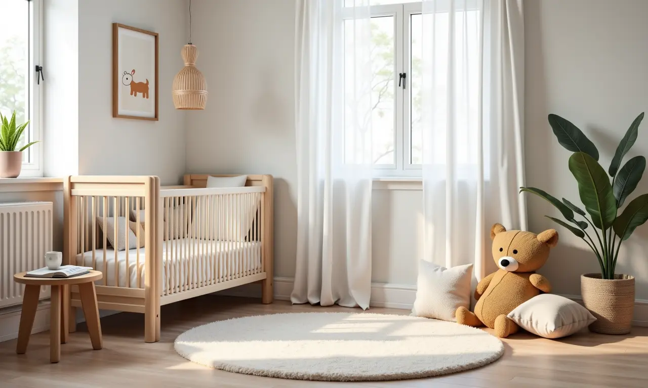 Cantinho de leitura confortável com almofadas e tapetes no quarto do bebê.