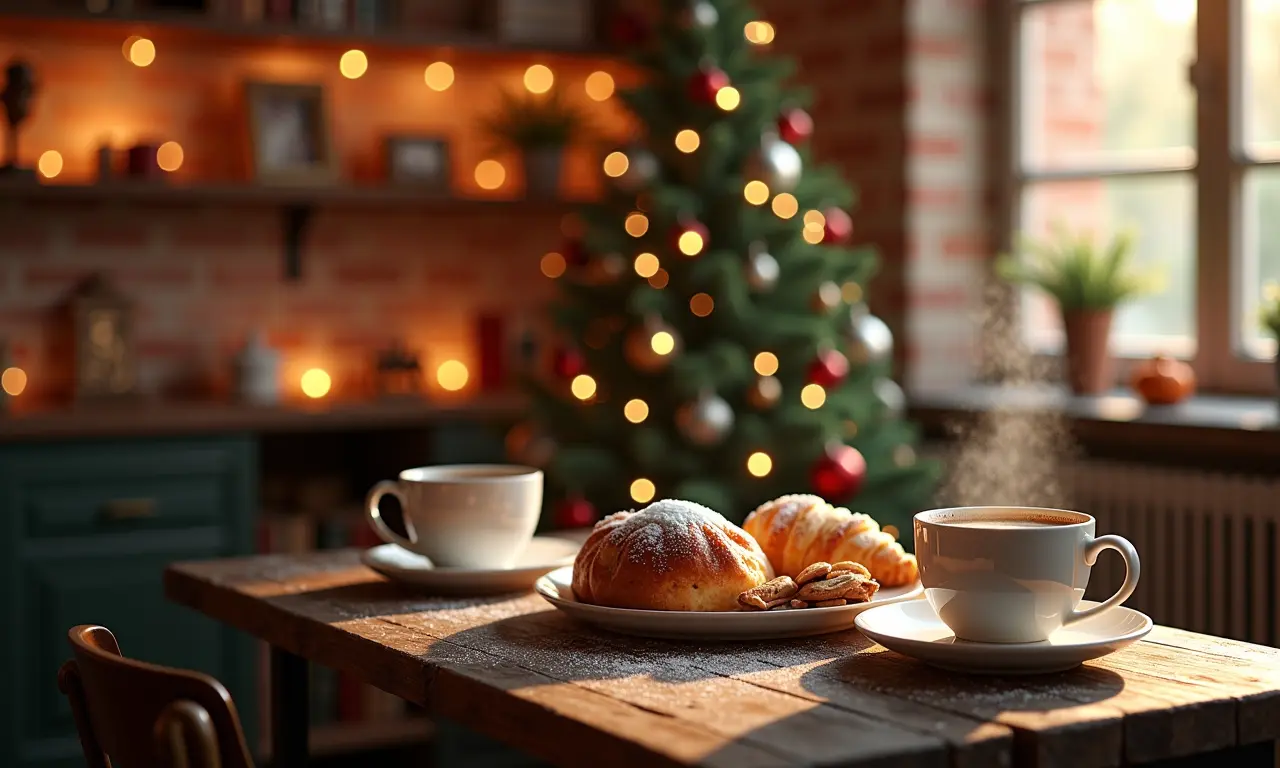 Cantinho do café natalino com detalhes que acolhem e convidam a relaxar.