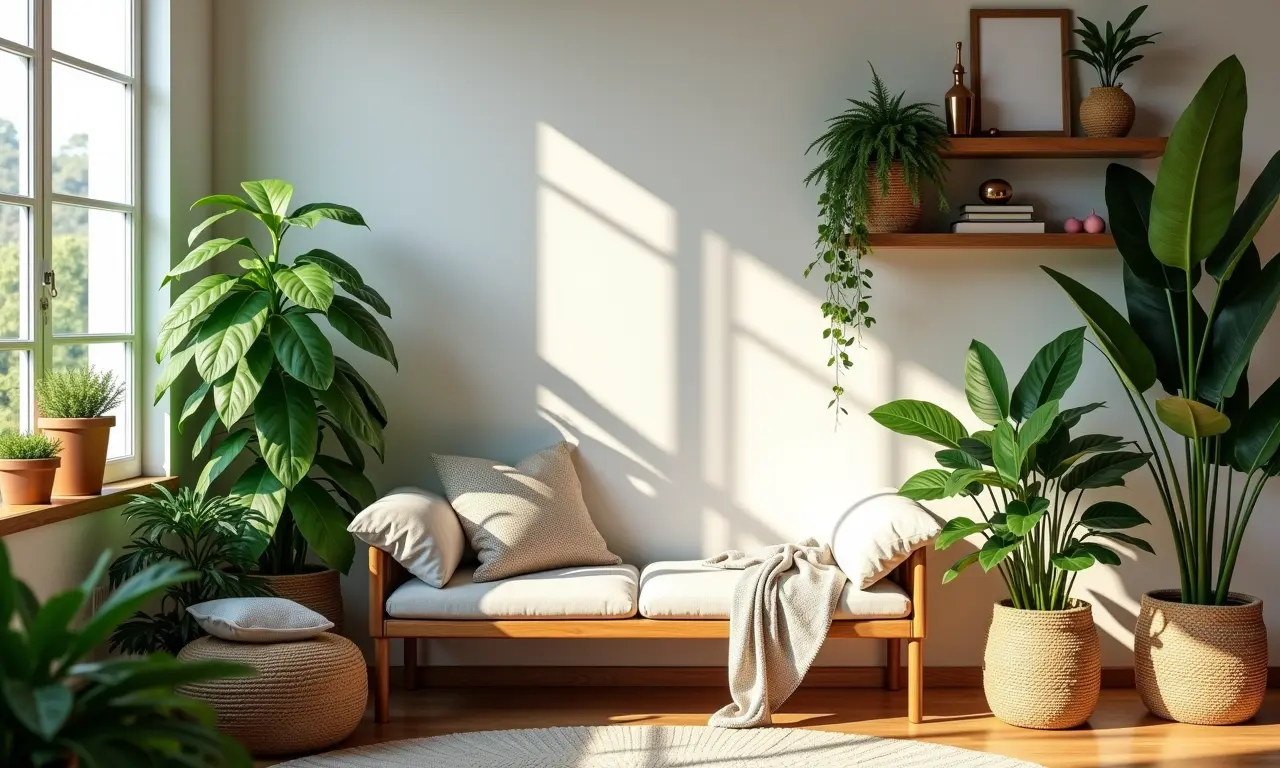 Cantinho temático com plantas e flores para fotografia