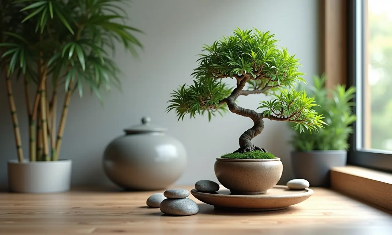 Cantinho zen com bonsai, pedras e bambu em casa brasileira.