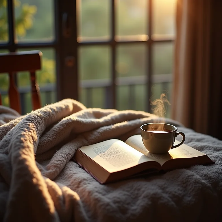 Canto de leitura aconchegante com chá e livro antigo