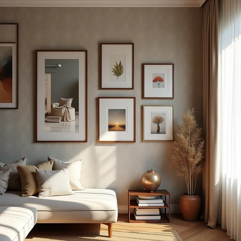 Canto de sala de estar com decoração maximalista, com quadros, papel de parede estampado e objetos decorativos.