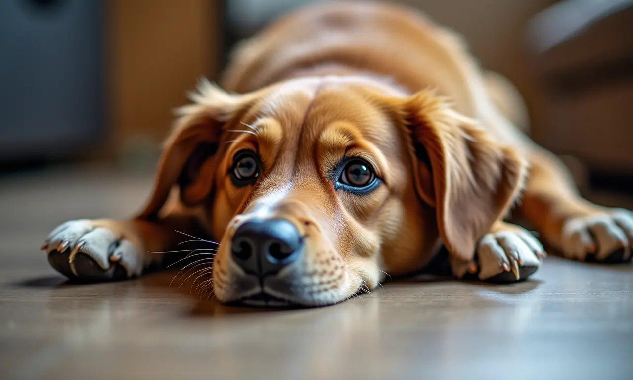 Cão deitado visto de cima, curioso e expressivo.