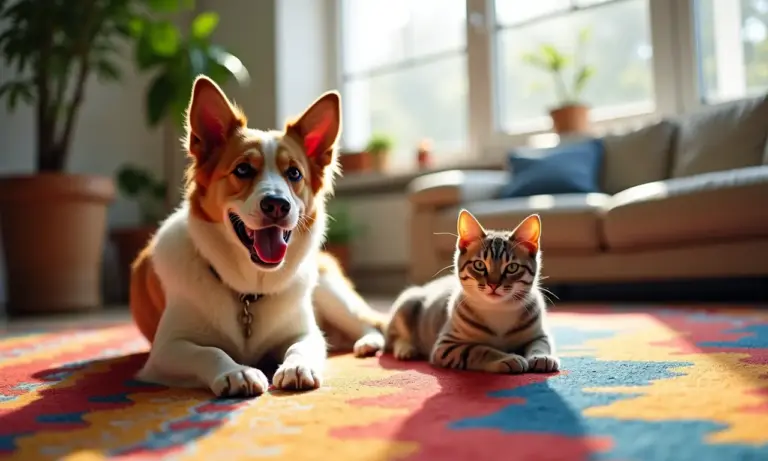 Cão e gato relaxando em sala decorada em estilo Farm Rio.