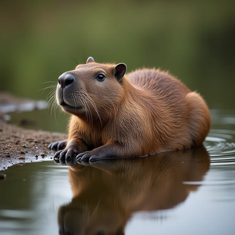 Capivara relaxando na beira da água