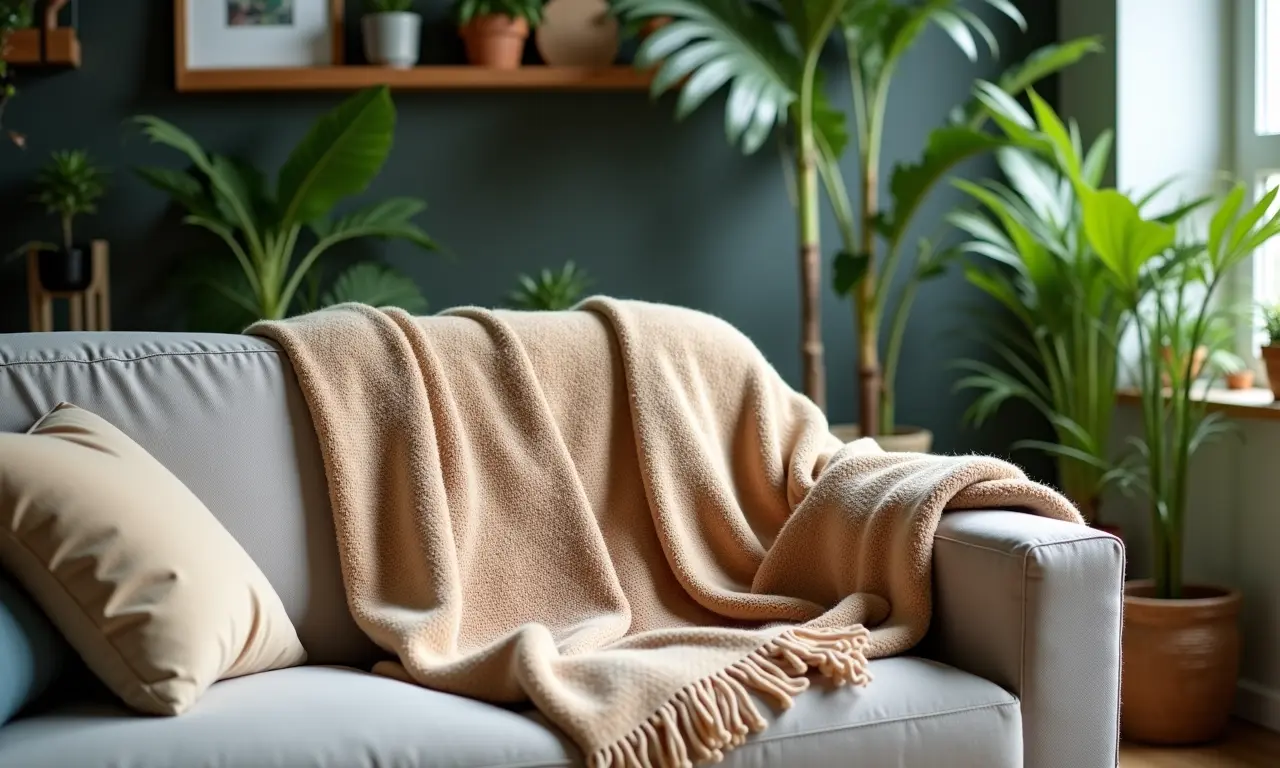 Cardigã confortável jogado sobre sofá em sala com decoração brasileira.