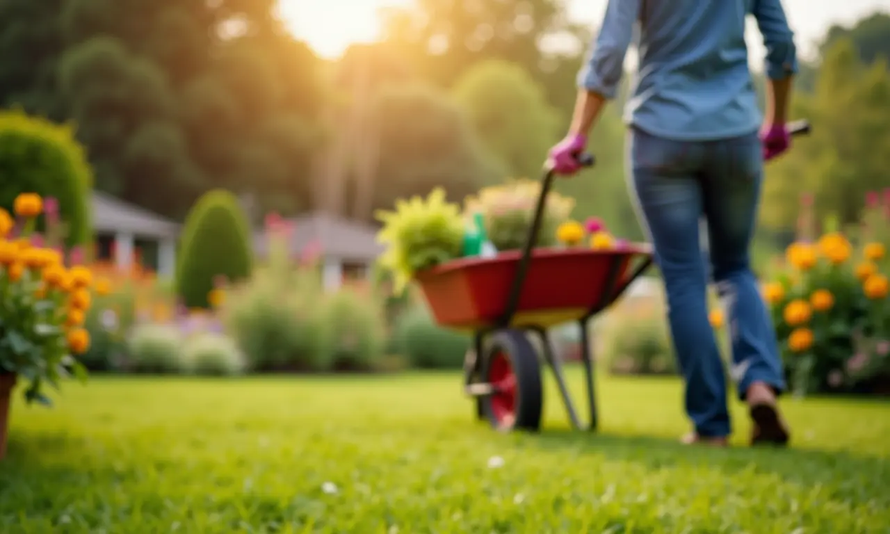 Carriola transportando materiais pesados no jardim.