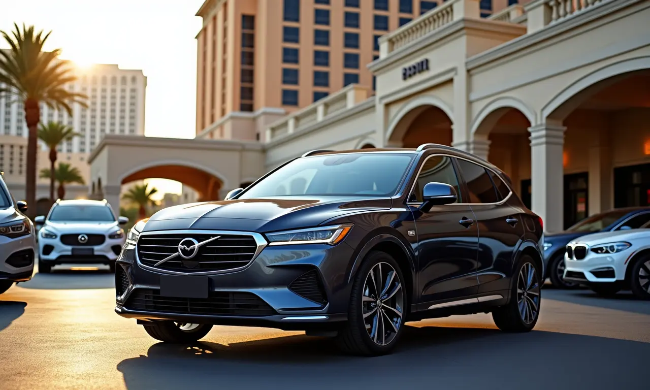 Carro alugado estacionado em frente a um hotel em Las Vegas.