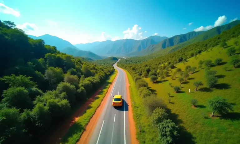 Carro colorido em uma estrada panorâmica no Brasil, representando uma viagem rodoviária planejada.
