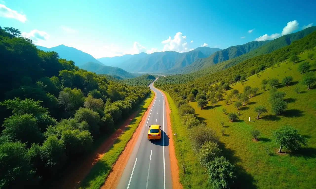 Carro colorido em uma estrada panorâmica no Brasil, representando uma viagem rodoviária planejada.
