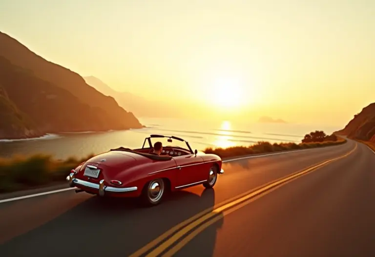 Carro conversível vintage em estrada costeira ao pôr do sol