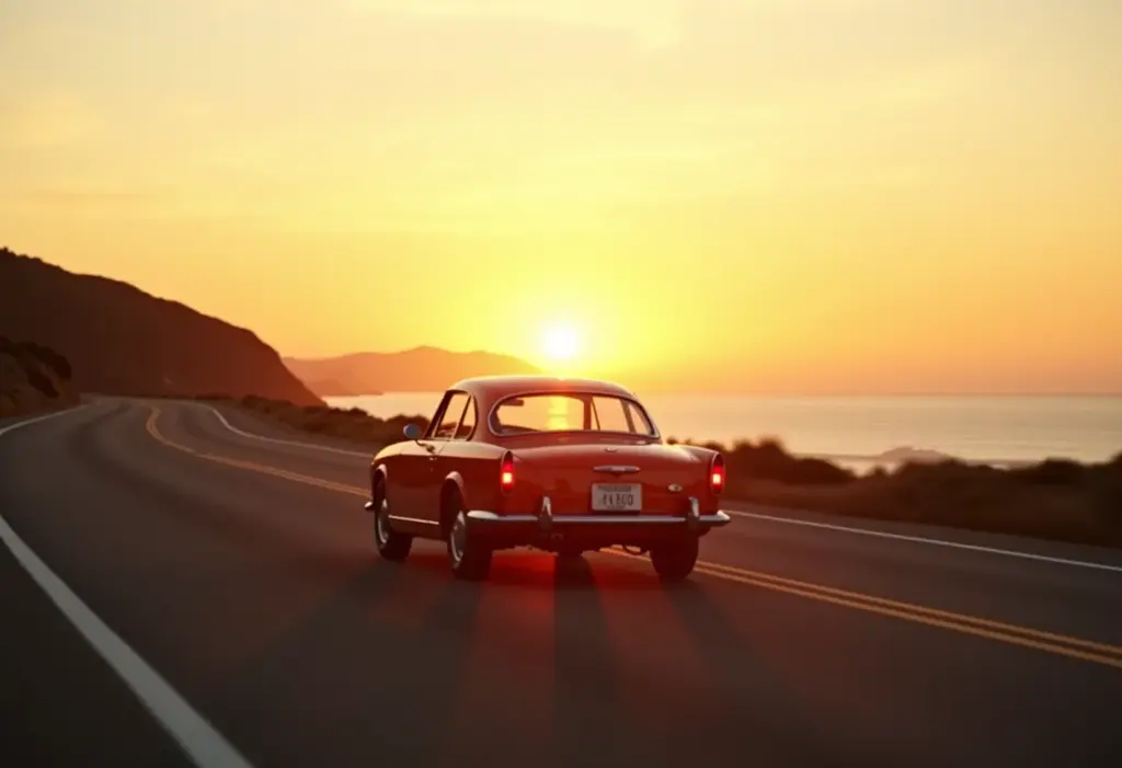 Carro vintage dirigindo em estrada costeira ao pôr do sol
