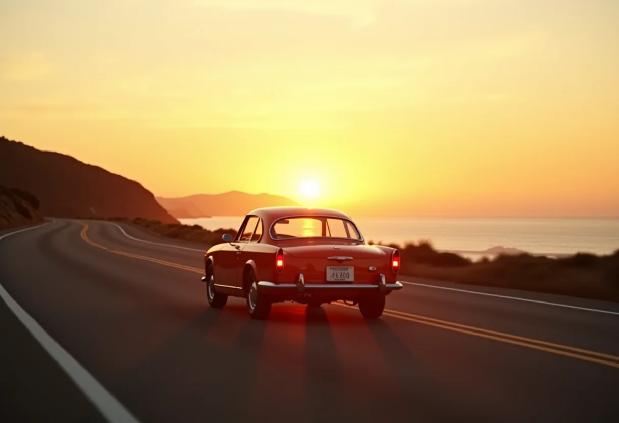 Carro vintage dirigindo em estrada costeira ao pôr do sol