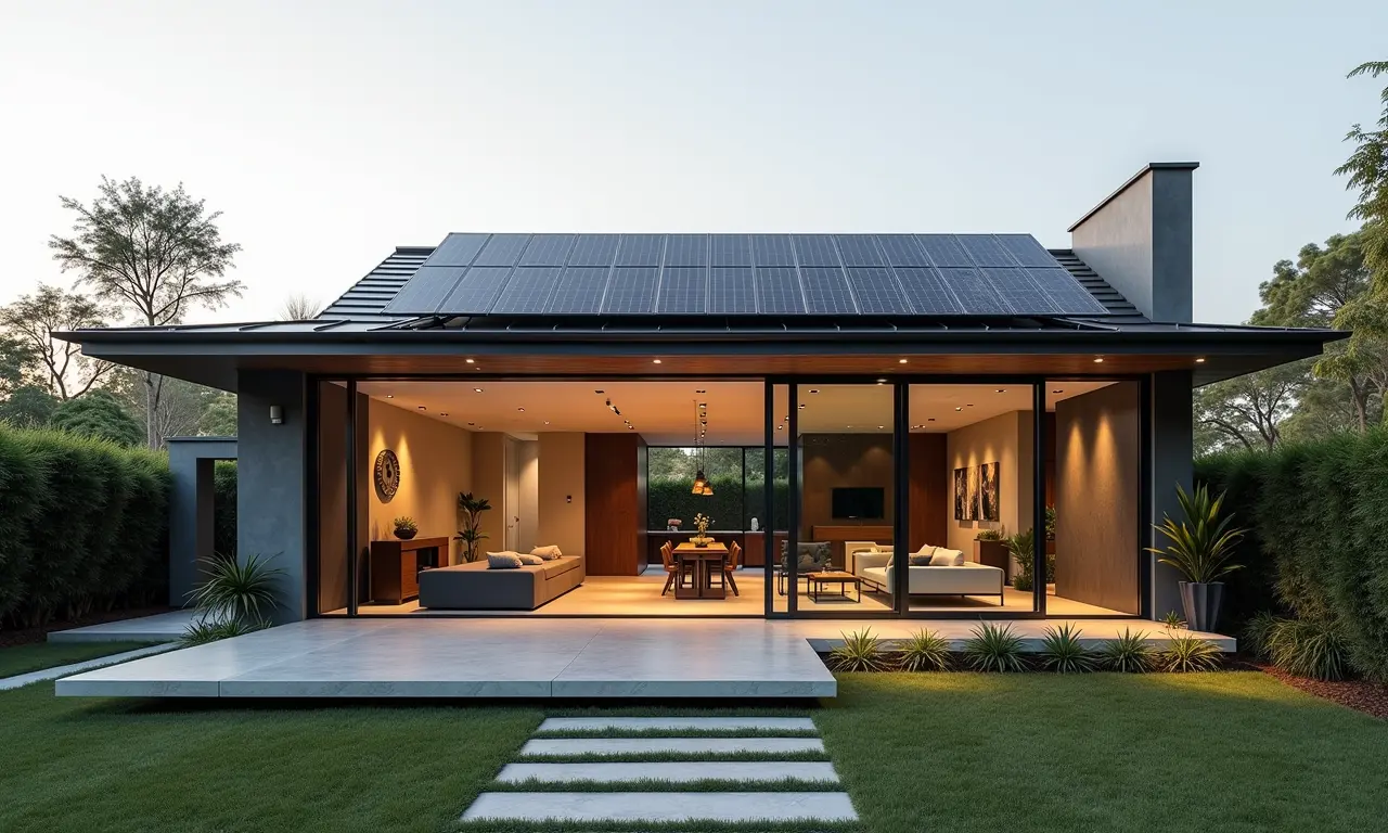 Casa minimalista com painéis solares, promovendo a sustentabilidade.